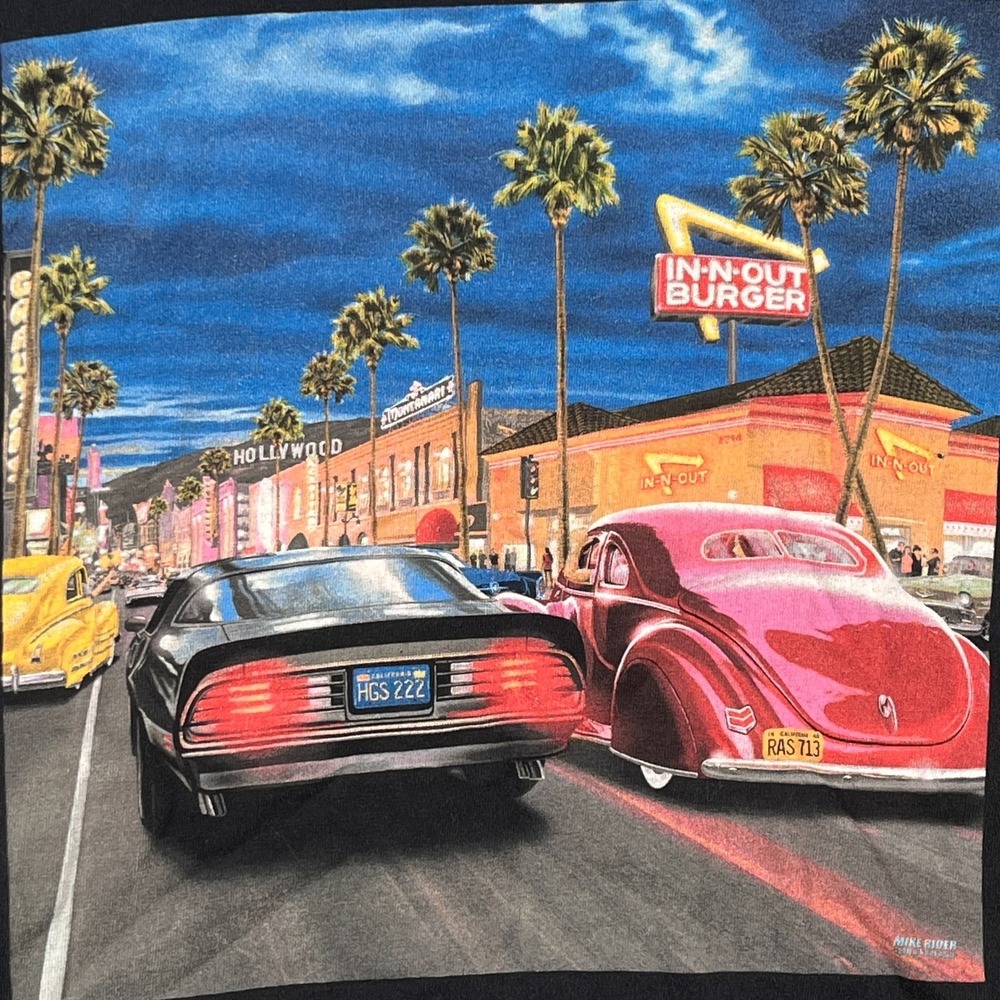 In-N-Out Burger Mens M Graphic T Shirt Black California Cars Palm Trees Retro - Picture 3 of 9